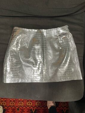Topshop Metallic Silver Croc-Embossed Mini Skirt